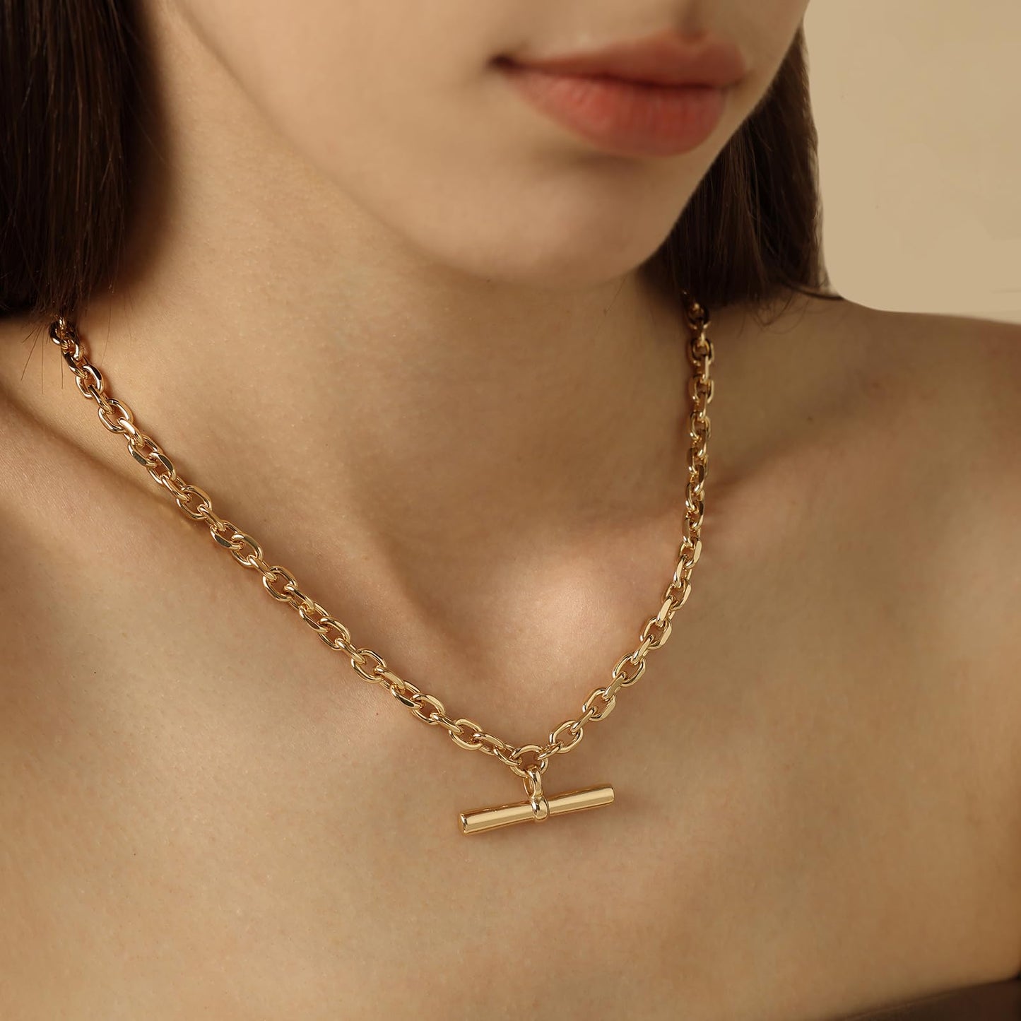 COBI T Bar Necklace for Women, Circle Pendant Necklaces Rhodium Plated &18K Gold Finished Four Leaf Clover | Link Chain Necklace with T-Bar Charm, Adjustable 17"+2" Jewelry Gift