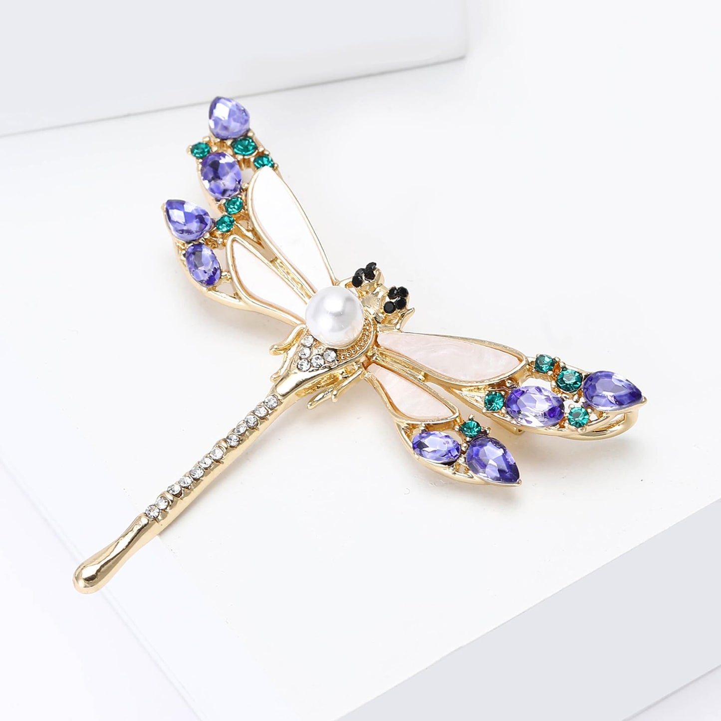 Crystal Dragonfly Brooch for Women Pearl White Shell Dragonfly Pin Dragonfly Accessories Mother's Day Birthday for Mother Wife Daughter (Dragonfly-1)