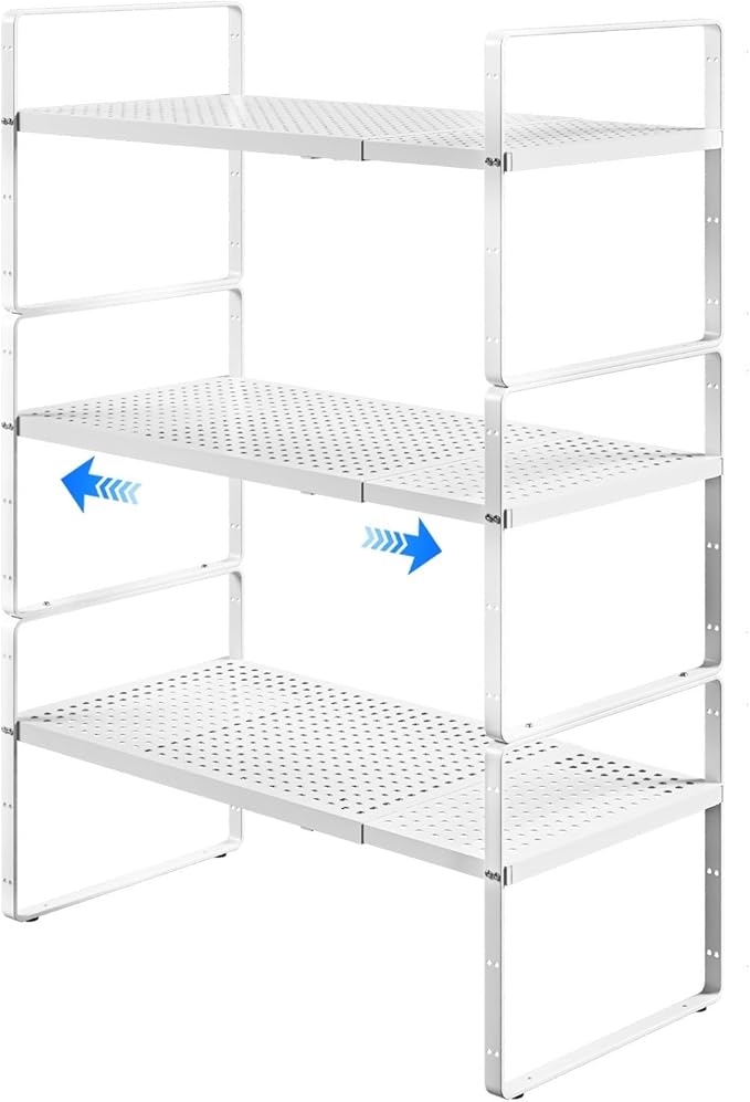 Expandable Cabinet Shelf Organizers, Kitchen Small Stand Rack Organization for Countertop Cupborad Pantry, White 3 Pack