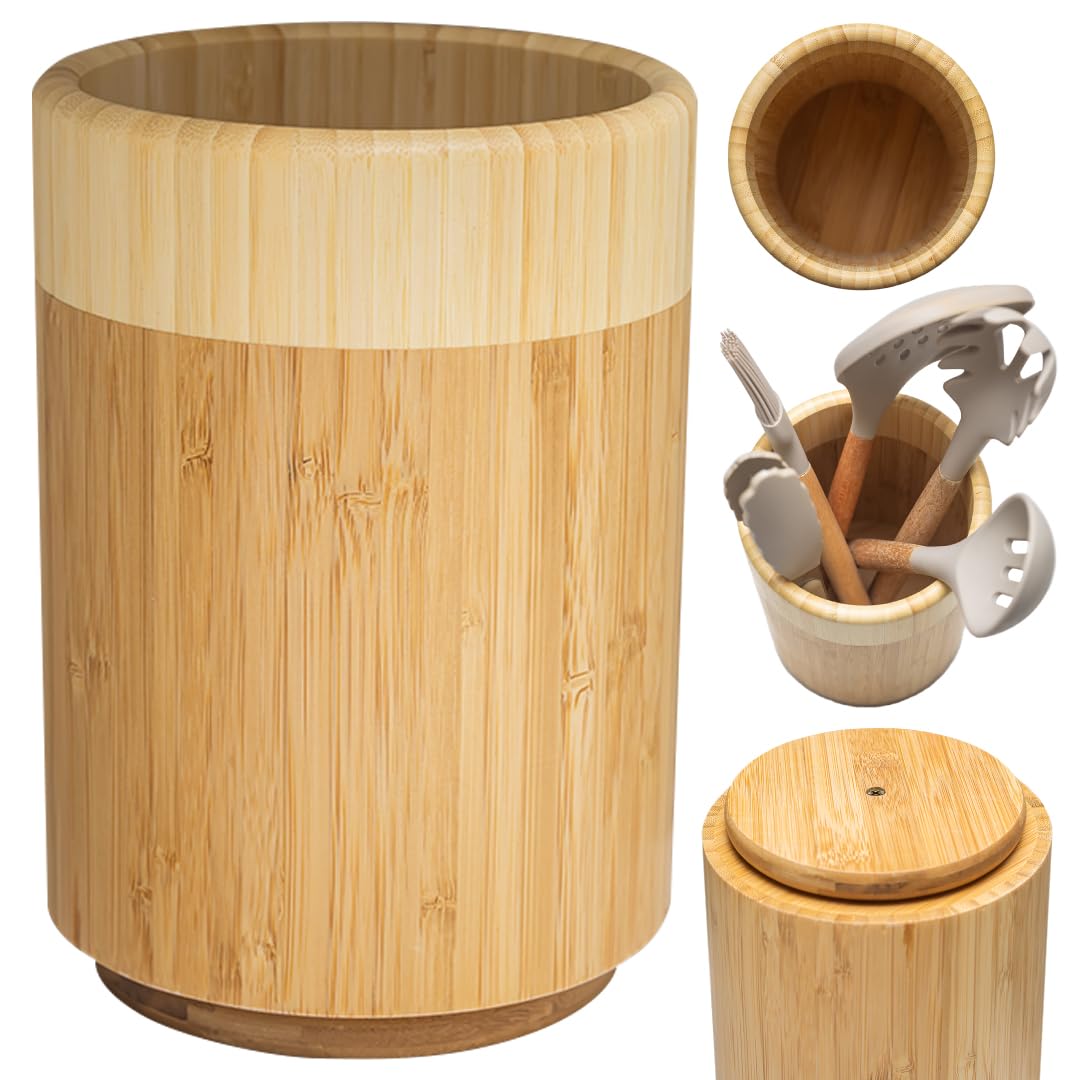 Samma Bamboo Kitchen Utensil Holder - Space-saving Countertop Utensil Organizer - Rotating Wooden Utensil Crock