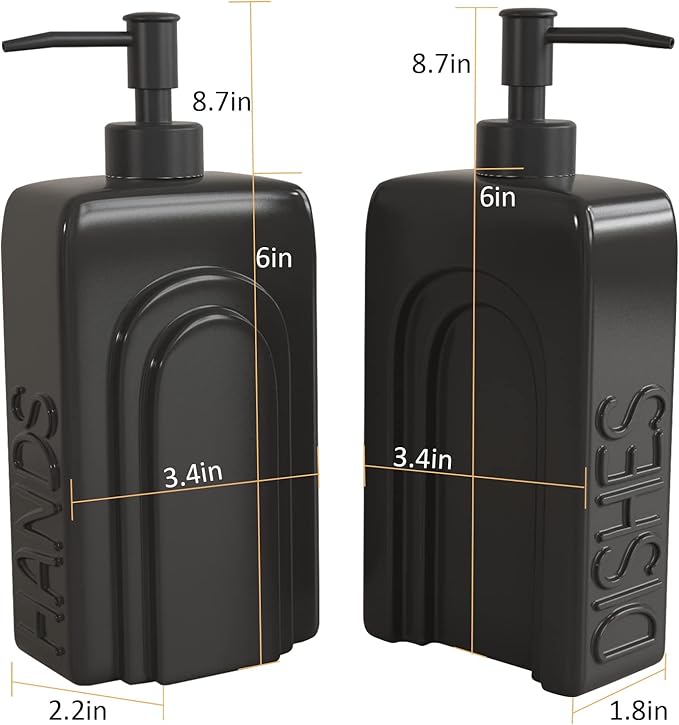 Soap Dispenser Set with Stainless Steel Pump, 2 Pack Ceramic Refillable Dish Soap and Hand Soap Dispenser for Kitchen, Bathroom, Matte Black