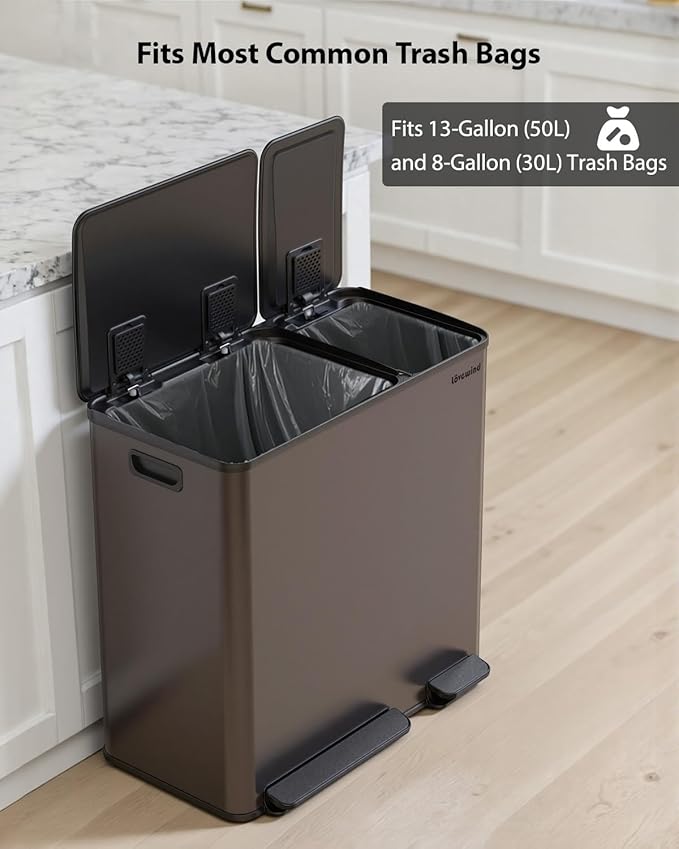 Lovewind Dual Trash Can, 14 + 6 Gallon Garbage Can for Kitchen Dual Compartment Recycling Kitchen Step Trash Bin, Stainless Steel Trash and Recycle Bin Combo with Soft-Close Lid, Brown