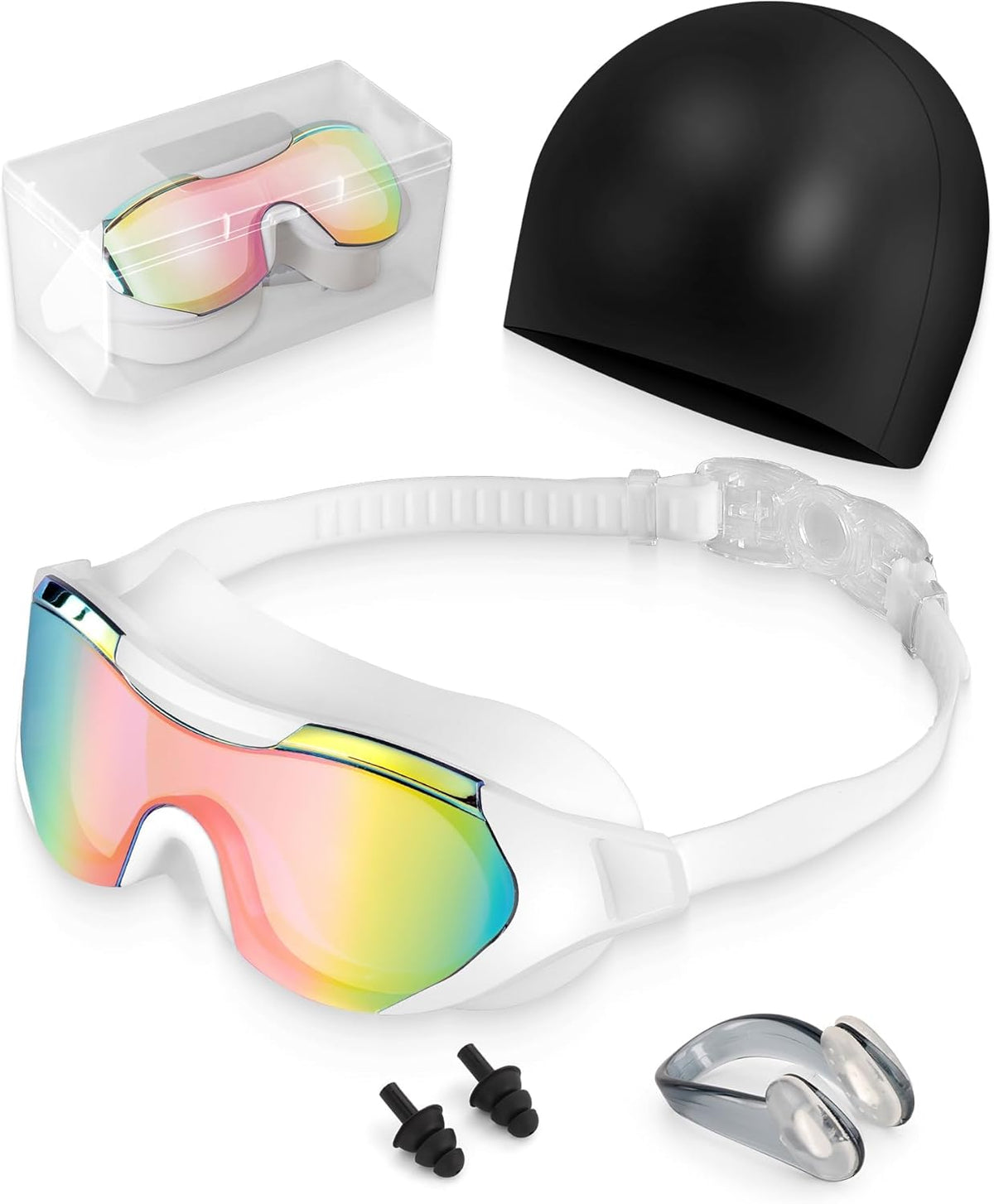 Swim Goggles with Nose Clip, Ear Plugs & Swim Cap, Anti-Fog UV Protection Lens, Leakproof Adjustable Strap for Adult