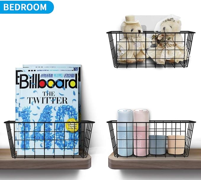 MaraFansie Hanging Kitchen Baskets Wire Storage Basket Over the Cabinet Door Organizer, No Drilling Adhesive Basket for Cabinet Pantry Organization and Kitchen, Bathroom, Storage, 2 Pack, Black