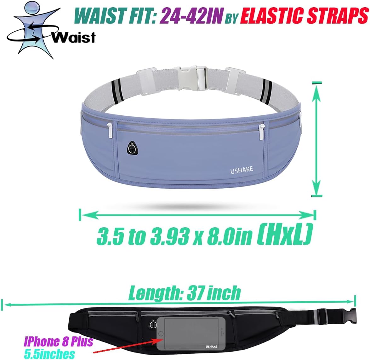 USHAKE Slim Running Belt, Workout Fanny Pack for Men Women,Exercise Waist Pack for Apple iPhone Holder, Runner Belt for Running Walking Cycling Camping Gym Dark Blue