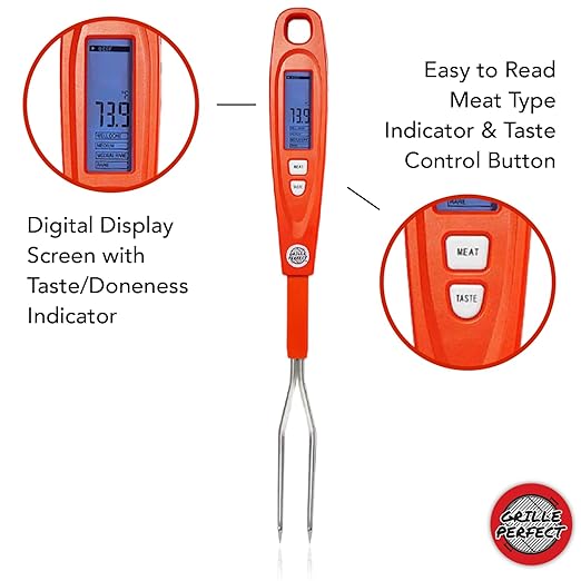 Digital Meat Thermometer Fork for Grilling & BBQ with Ready Alarm, Pro Temp Points for Quick Accurate Temperature on Steak, Pork, Chicken & Hot Grilled Food on Patio or Outside Kitchen