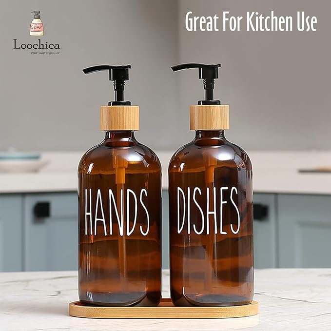 LOOCHICA Amber Glass Soap Dispenser Set with Tray, Amber Dish and Hand Soap Dispenser Set, Refillable Reusable Apothecary Soap Pump Dispenser Bottles for Bathroom and Kitchen