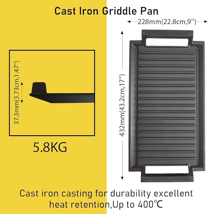 COVERCOOK Griddle Pan, Cast Iron Grill Hot Plate, Rectangular Grill, 2 handles with Ridged Surface for Induction Electric Cooktop，16 x 9inch
