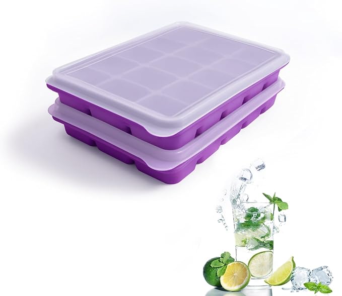 Tvmania Ice Cube Trays Set of 2, Easy Release 15 Flexible Silicone Ice Cube Molds with Removable Lid Reusable Freezer Ice Trays Stackable for Whiskey, Baby Food, BPA Free (purple)