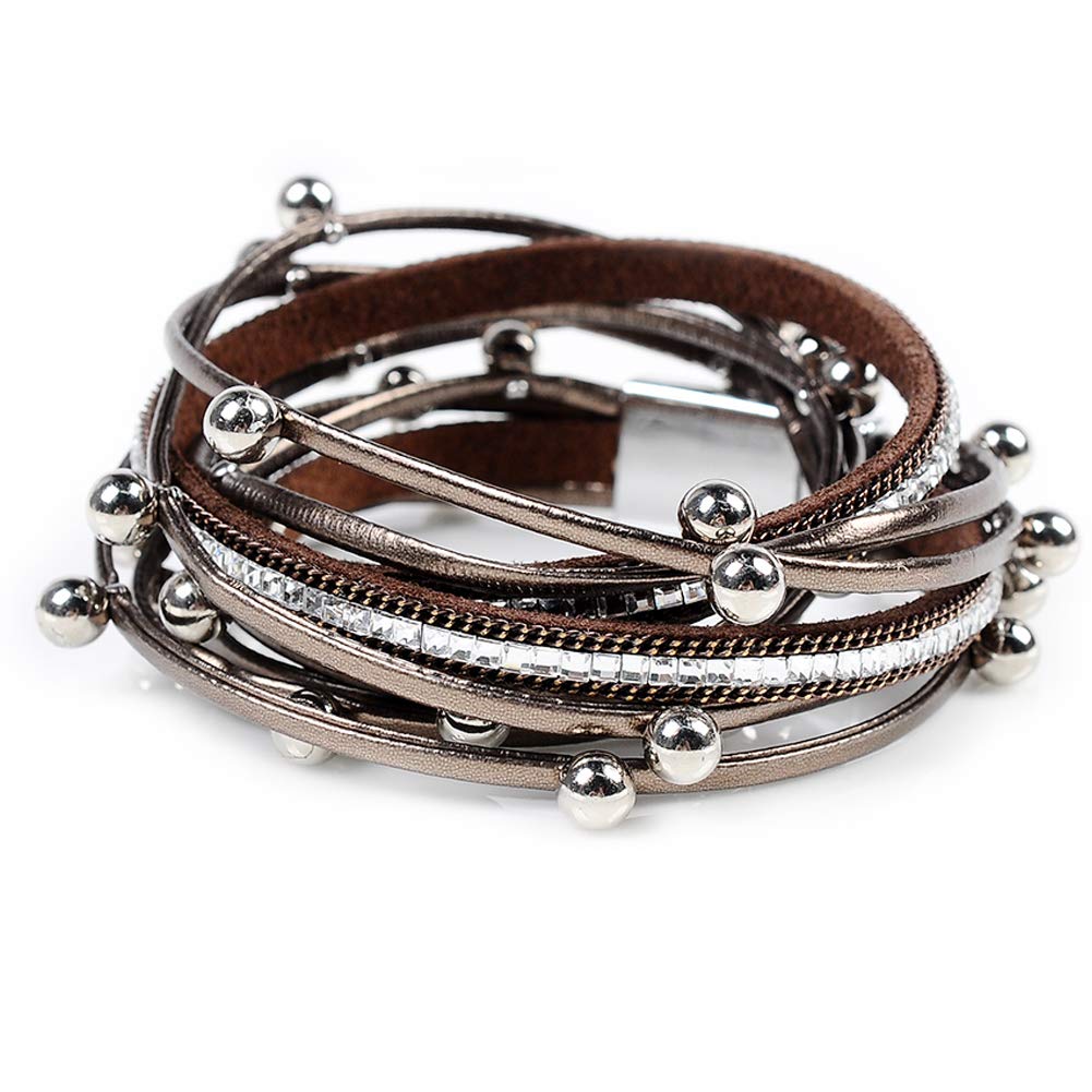 Artilady Leather Wrap Bracelet for Women - Handmade Clasp Bangle Bracelet with Pearl Beads Crystal Wristbands Jewelry Gift for Ladies and Mother