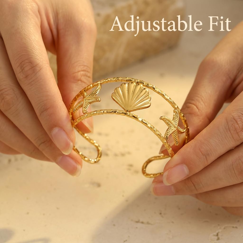 MystiGlimmer Starfish Bracelet with Luxury Gift Box 18K Gold Plated Stainless Steel, Adjustable Open Cuff, Waterproof & Hypoallergenic Jewelry Gift for Women (Seashell-Starfish3)