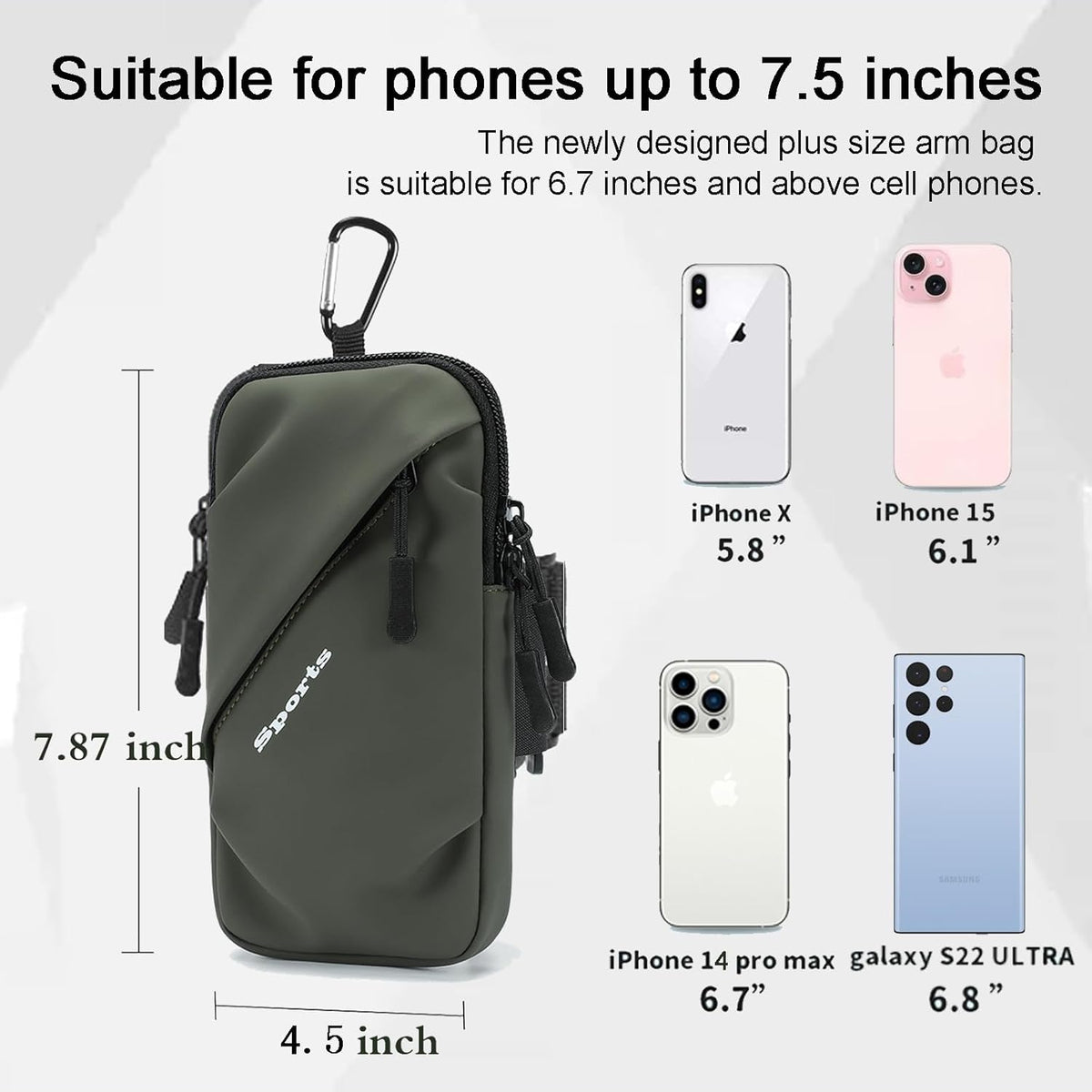 Phone Holder Arm Bands, Small Crossbody Shoulder Holsters Bag with Arm Band, Fits iPhone and All Cell Phones, Use for Running, Walking, Hiking & Biking (Plus Size Army Green)