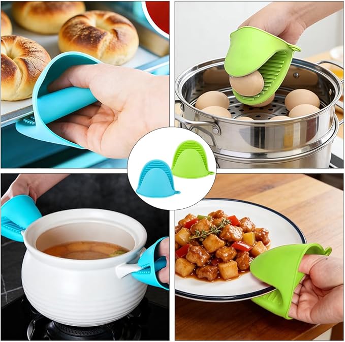 4 PCS Silicone Oven Mitts Heat Resistant Mini Oven Gloves for Kitchen Rubber Air Fryer Mitts Oven Accessories Finger Cooking Pinch Mitts Pot Holders for Kitchen Cooking Baking Dishwasher, Blue & Green