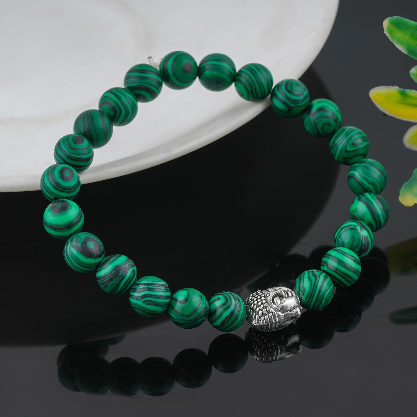 CRYSTALINES Buddha Charm Stretchable Braceclet, Genuine Malachite Gemstone Beads, Plain Round Stones, Handmade Boho Strech Bracelet, Adjustable Spiritual Healing Crystal Unisex Jewelry Gift