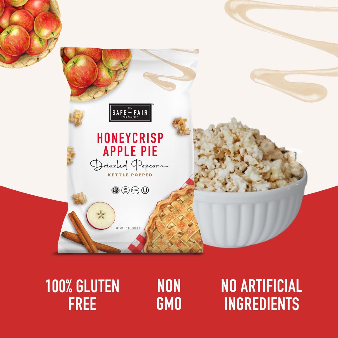 Safe + Fair Plant-Based Gourmet Apple Pie Flavored Popcorn - Honeycrisp Apple Pie Drizzled Kettle Corn Popcorn - Non-GMO + Gluten-Free Snacks,5.5oz