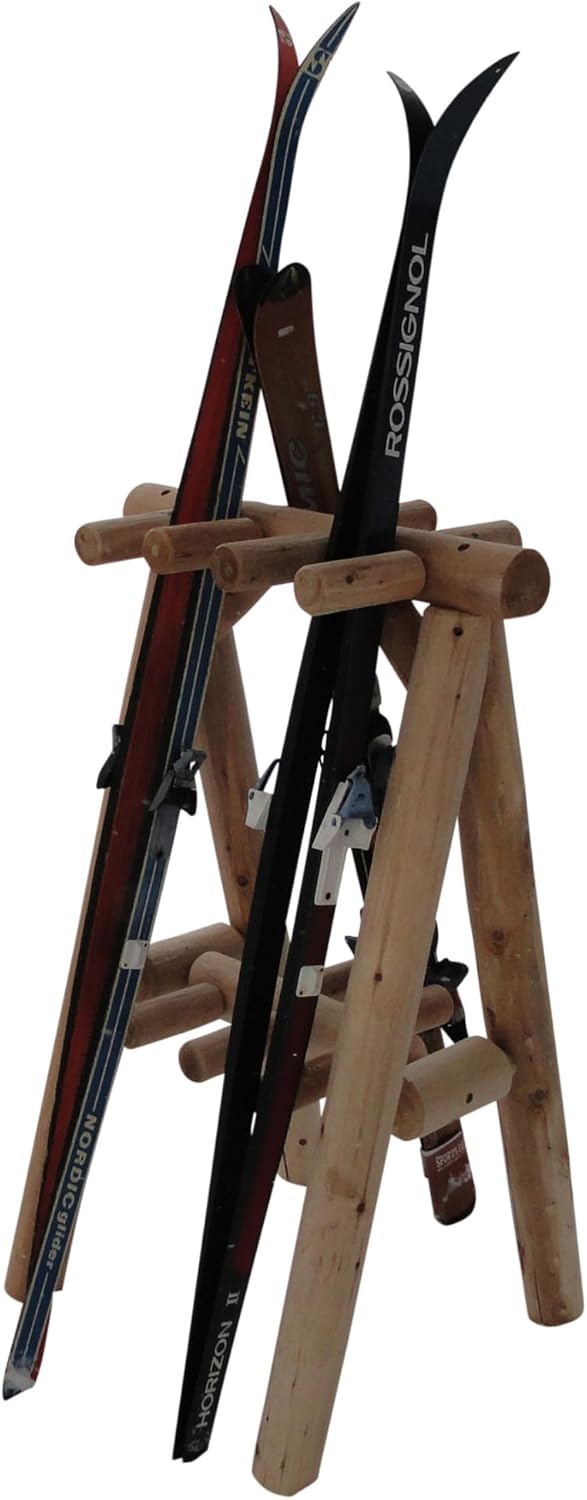 9-Place Freestanding Log Ski Rack Holder, Indoor & Outdoor Snowboard Racks, Standing Storage, Garage Racks for Snow Skis & Poles, Durable Snowboard Rack Garage Storage Organizer - Natural