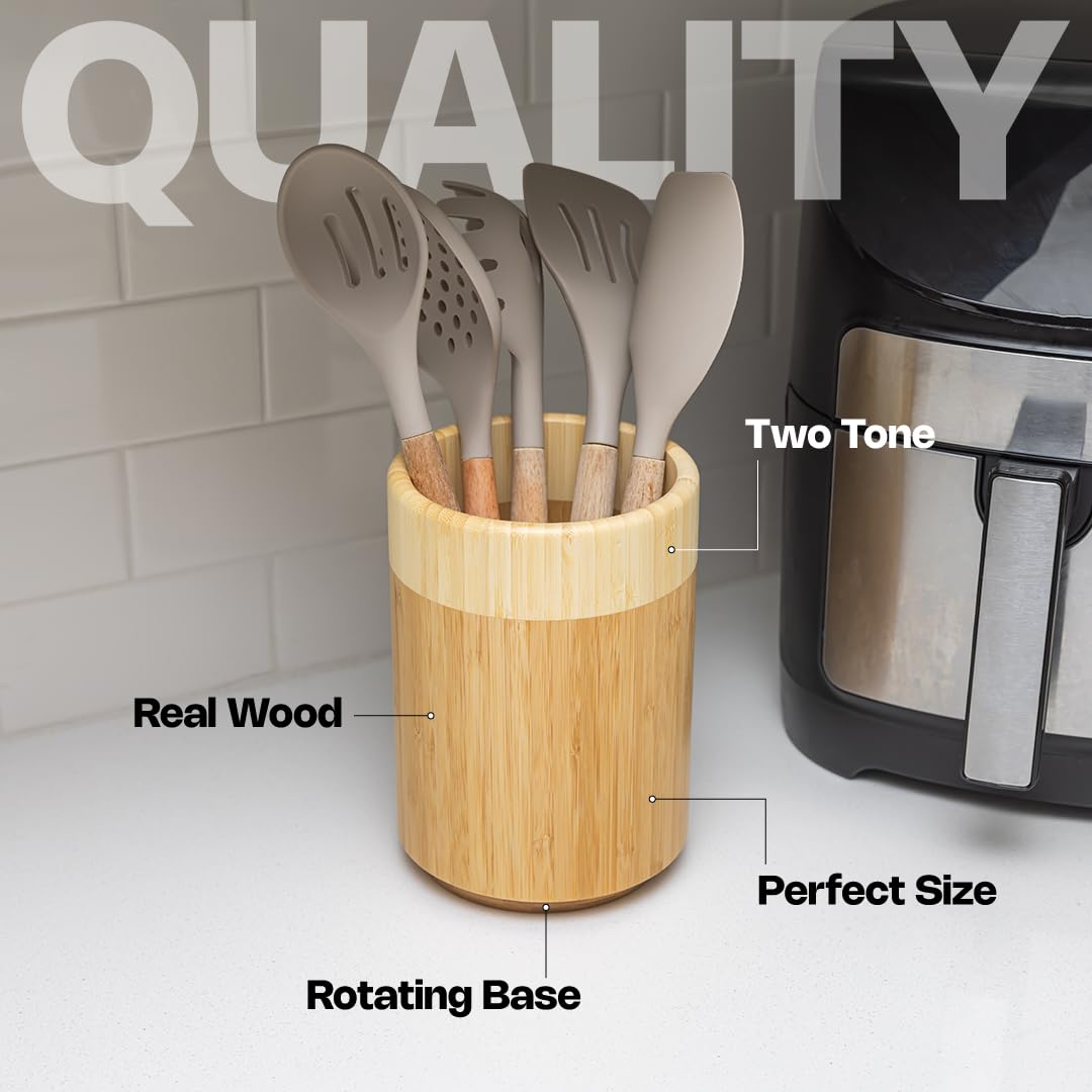 Samma Bamboo Kitchen Utensil Holder - Space-saving Countertop Utensil Organizer - Rotating Wooden Utensil Crock