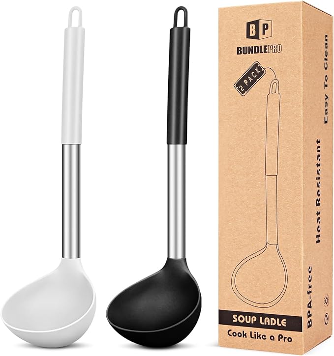 Pack of 2 Ladle Spoon,Silicone Large Spoon for Soup,Non Stick Kitchen Utensils with High Heat Resistant,BPA Free Perfect Kitchen Tools for Cooking, Stirring,Serving Soups (BLACK-WHITE)