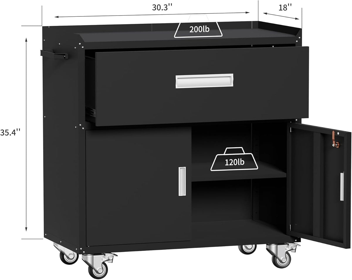 Metal Garage Storage Cabinet with Wheels ，Rolling Toolbox with Lockable Drawer, Utility Cabinet for Home, Office, Garage and Workshop (Black)