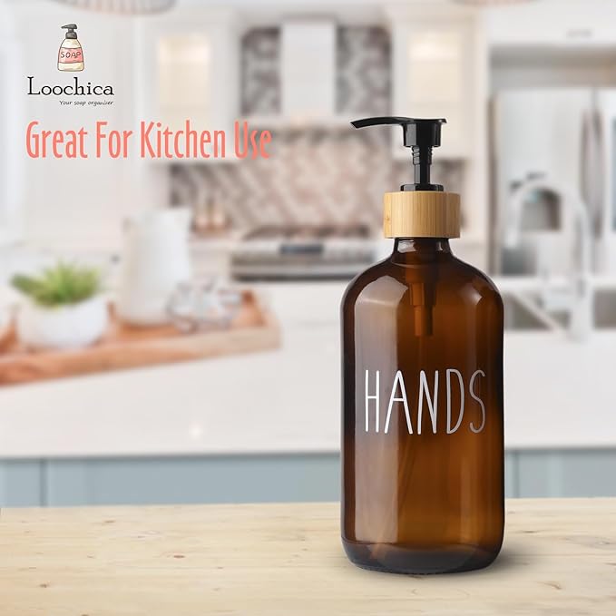 LOOCHICA Hand Amber Glass Soap Dispenser with Pump, Amber Hand Soap Dispenser, Refillable Reusable Apothecary Soap Pump Dispenser Bottles for Bathroom and Kitchen Use