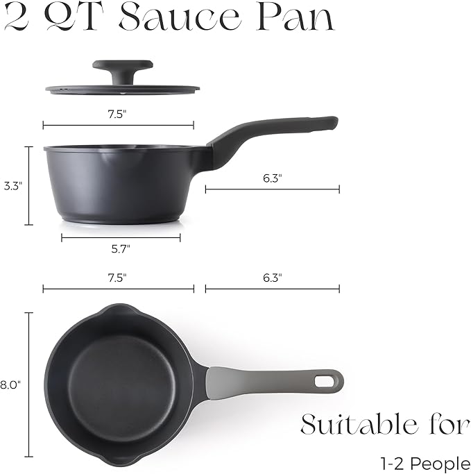 PRICUSIS Nonstick Saucepan with Lid, 2 Quart Non Toxic Pot with Pour Spouts, Full Coated, 100% Dishwasher Safe, Induction Compatible & Oven Safe, PFOS & PFOA Free, Black Sesame