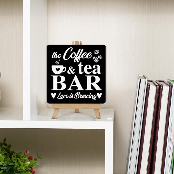 Coffee Bar Decor, Coffee Tea Bar Wood Sign with Easel Home Kitchen Desk Shelf Table Tabletop Decor
