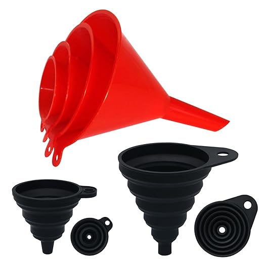 Kitchen Funnel Set 6 Pcs, 2 Collapsible Silicone Funnels for Filling Bottles, Canning，4 Plastic Kitchen Gadgets for Automotive Car Oil Change，Different Sizes Funnels for Kitchen RV Lab