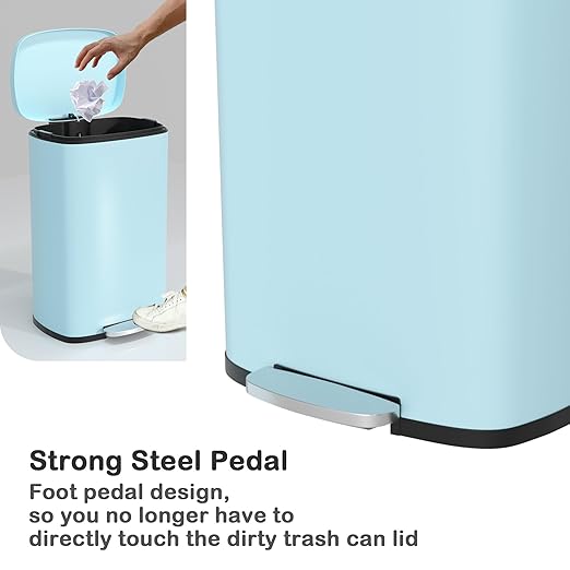 50 Liter / 13 Gallon Kitchen Trash Can with Lid, Stainless Steel Trash Can with Foot Pedal and Plastic Inner Bucket, Fingerprint-Resistant Soft Close Lid Garbage Can, Odor Proof and Hygienic, Blue