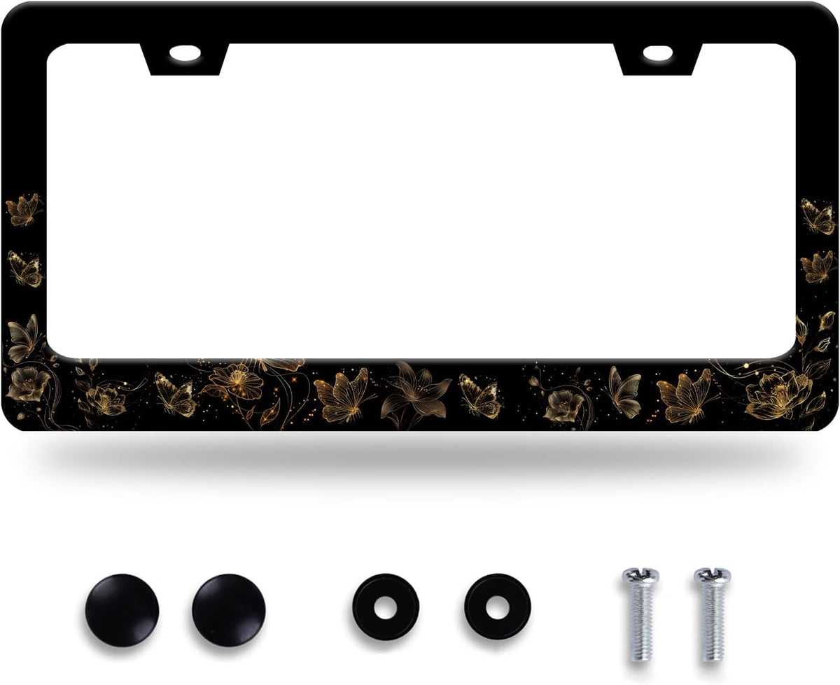 Butterfly License Plate Frame Golden Butterflies License Plate Stainless Steel Funny License Plate Holder for Men Women Universal Colorful Car Accessories Decoration 12.3" x 6.3"