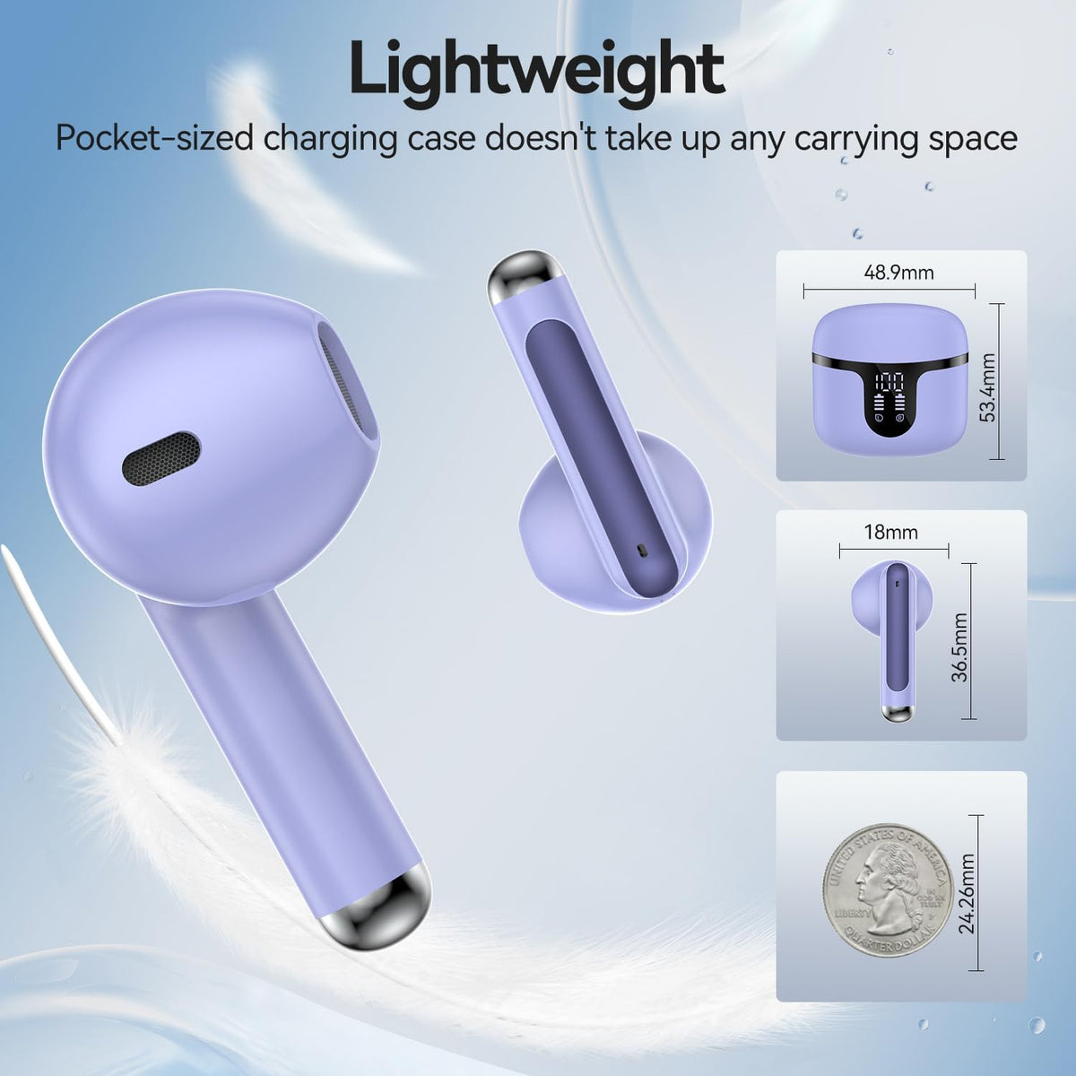 Wireless Earbuds, 2025 Bluetooth 5.3 Headphones HiFi Stereo 50H Playback Ear Buds with Led Digital Display, ENC Noise Cancelling Earbuds for Laptop Computer, iOS, Android, Purple