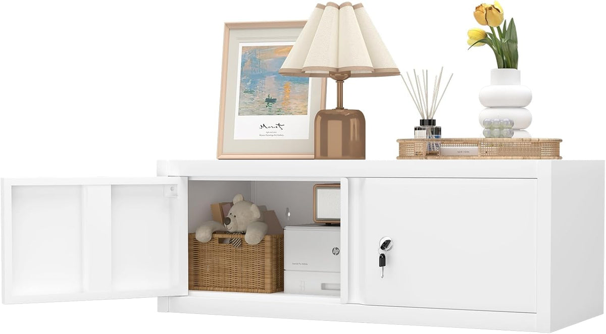 GREATMEET Locking Cabinet, Garage Storage Cabinet, Metal Wall Mounted Storage Cabinets with Doors for Garage, Hanging Floating (White, 13" H)