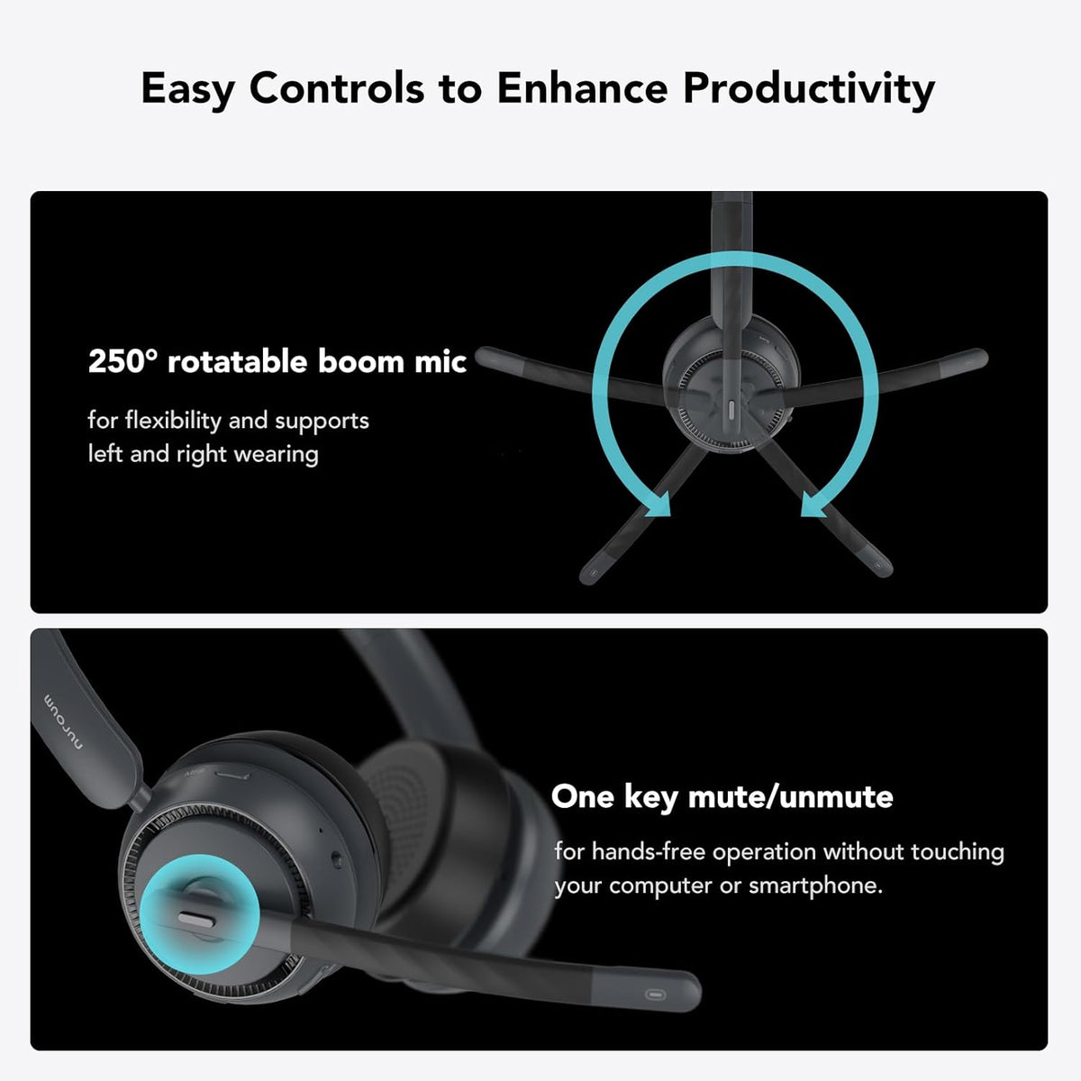 NUROUM Wireless Headset with Mic for Work, Bluetooth Headset with Noise Cancelling Microphone, Mute Button, USB for PC/Computer/Laptop for Zoom/Teams, Office/Call Center/Work from Home HP31DN