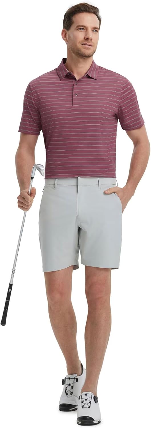 M MAELREG Mens Striped Golf Shirts Short Sleeve Silk-Like Touch Water-Resistant Breathable Soft Collared Polo Shirts for Men
