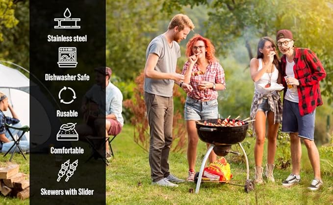 Fuego Skewers for Grilling - 17" Stainless Steel Flat Blade with Push Slider | Reusable & Dishwasher Safe | BBQ Skewers and Shish Kabob | Set of 8