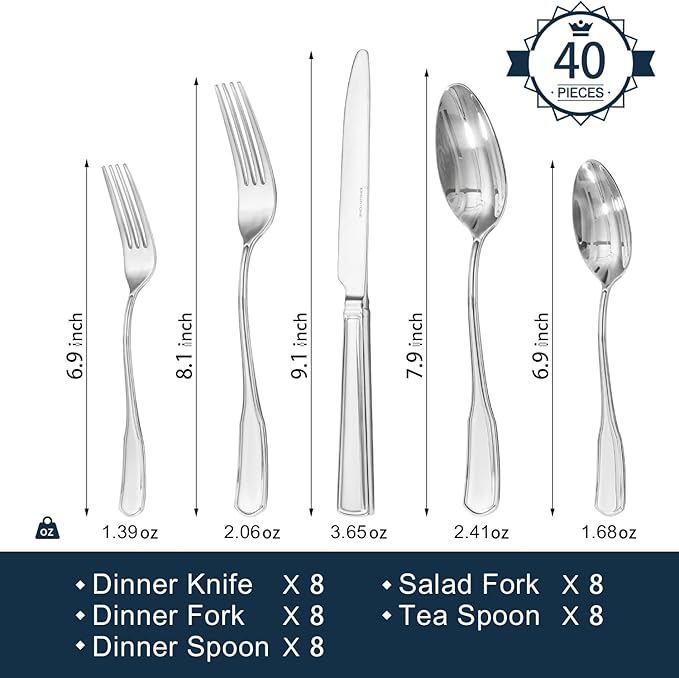 KINGSTONE 40-Piece Silverware Set, 18/10 Stainless Steel Flatware Set for 8, Tableware Cutlery Set, Utensil Sets for Home Restaurant, Mirror Finish, Dishwasher Safe