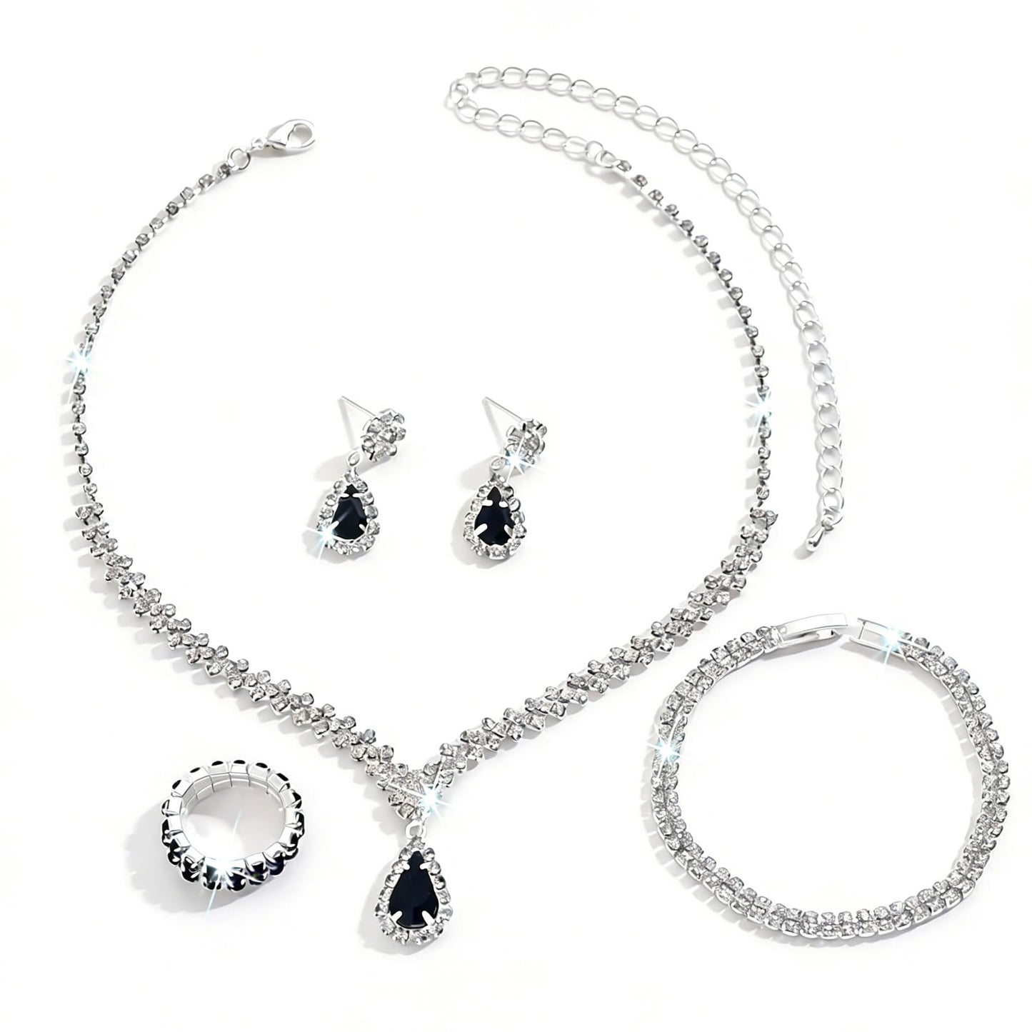 IS4U Rhinestone Water Drop Set for Women Bridal Wedding Vintage Colourful Crystal Zircon Statement Necklace Ring Earrings Bracelet Set Party Dress Ball Fashion Jewellery (Black)