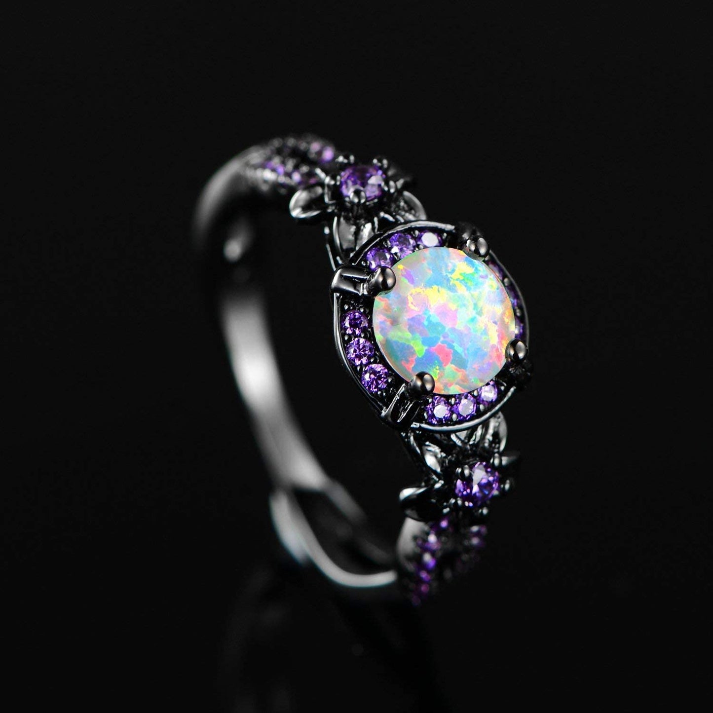 18K Black Gold Plated White Fire Opal Rings for Women October's Birthstone Gemstone Created Amethyst Eternity Wedding Engagement Promise Band (9)