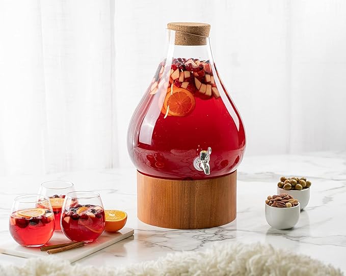 Classic Home Teardrop Clear Glass Ice Cold Beverage Drink Dispenser- 2.75 Gallon, With Cork Lid & Modern Wood Base Leak Proof Spigot- Wide Mouth Easy Filling For Outdoor, Parties & Daily Use
