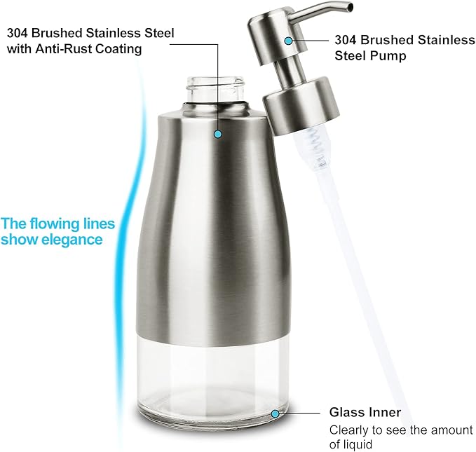 AUMIO Dish Soap Dispenser with Stickers, Kitchen Soap Dispensers Brushed Nickel Stainless Steel and Glass Combined, Refillable Liquid Hand Soap Dispenser for Bathroom & Kitchen (11OZ / 320ML)