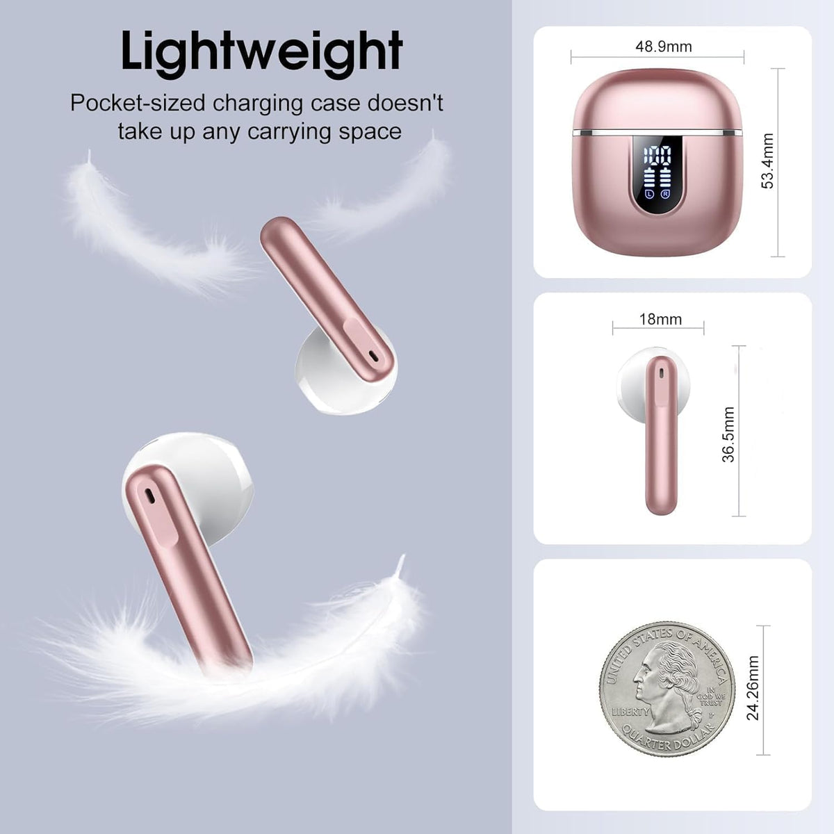 Wireless Earbuds, Bluetooth 5.4 Headphones with 3D Bass Stereo, 40H Ultralight in-Ear Buds, Bluetooth Earbuds with 4 ENC Noise Cancelling Mic, USB-C, IP7 Waterproof Earphones for Android iOS, Rose