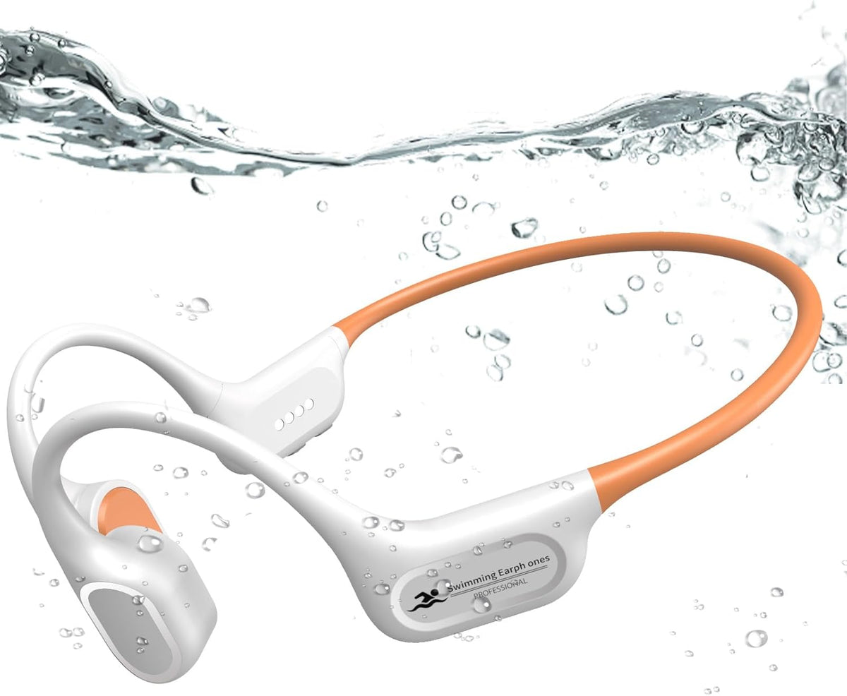 Bone Conduction Bluetooth Headphones-SurfAudio, IP68 Waterproof Swimming Headphones with 32GB MP3 Player, Lightweight Open Ear Design for Swimming/Surfing/Marathon/Cycling((Beige Orange)