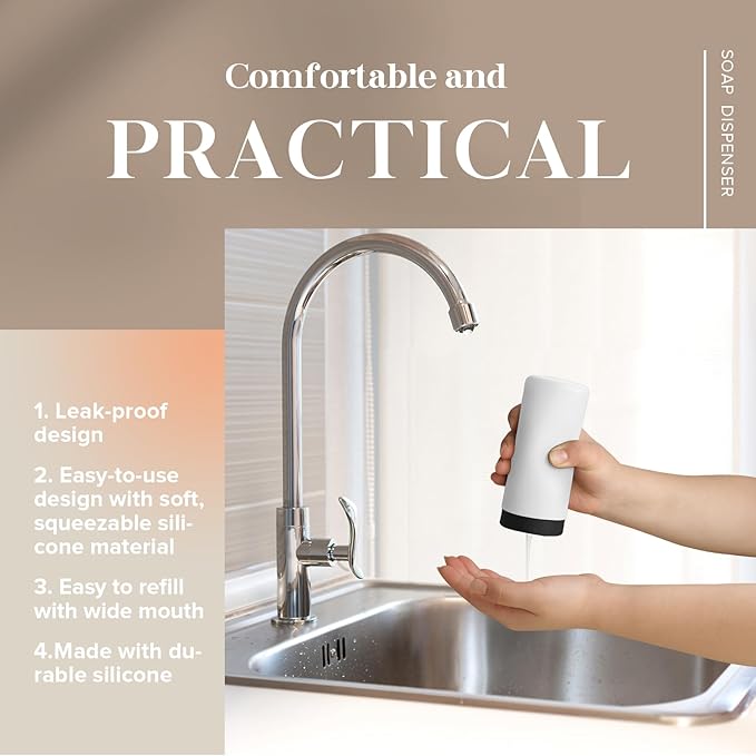 ElmRidge Dish Soap Silicone Dispenser for Kitchen Sink,Squeeze Washing Up Liquid and Hand Soap,Round refillable Silicone Bottles,Easy to Fill and to use, 8.5 oz,Black 2.4 x 2.4 x 5.5 inches (White)