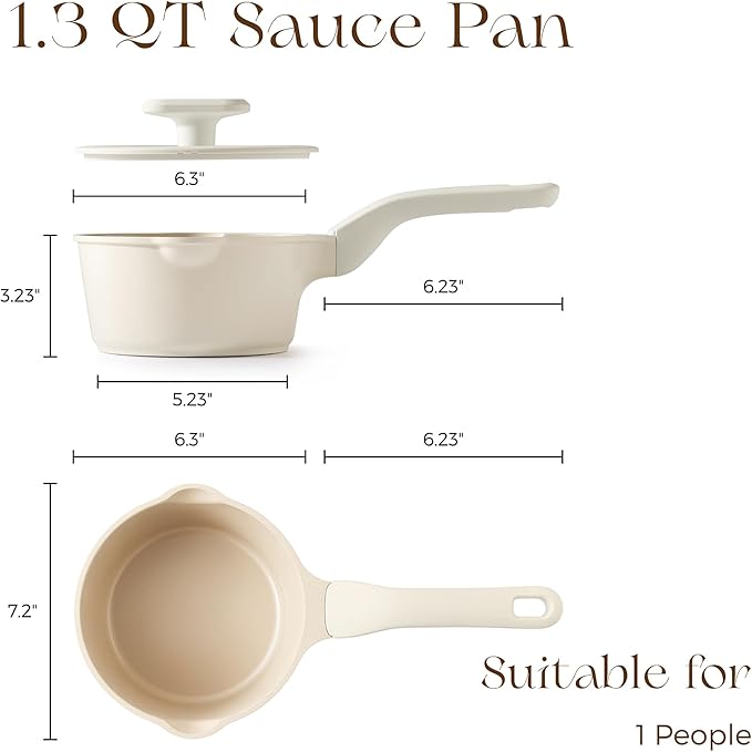 PRICUSIS Ceramic Nonstick Saucepan with Lid, 1.3 Quart Non Toxic Pot with Pour Spouts, Full Coated, 100% Dishwasher Safe, Induction Compatible & Oven Safe, PTFE PFAS & PFOA Free, Coconut White
