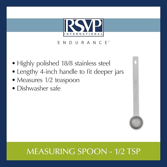 RSVP International Endurance Kitchen Collection Open Stock Measuring Spoon, Stainless Steel, Dishwasher Safe, 0.5-Teaspoon