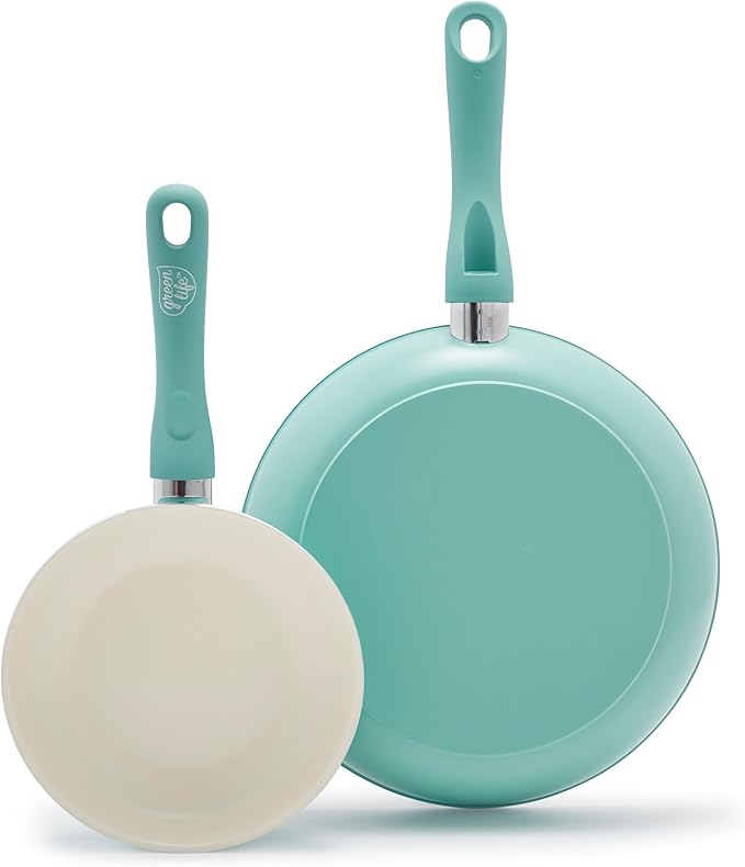 GreenLife Non Stick Fry Pan Set (7" & 10"), Non-Toxic PFAS-Free Ceramic Skillets, Dishwasher & Oven Safe, Egg Omelet Frying Pans, Stay- Cool Handles, Kitchen Home Cooking Essentials, Turquoise