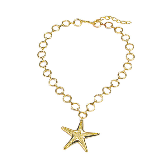 HIHETE Big Star Spiral Necklace Gothic Chunky Pentagram Vortex Pendent Choker, Starfish Seashell Pendant Necklace for Women, Trendy Vacation Star Jewelry Gift (Golden)