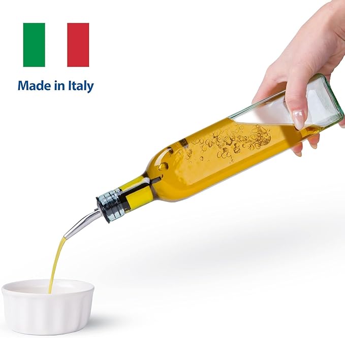 EHOMEA2Z Olive Oil Dispenser Bottle - 16 oz, Made in Italy Glass Olive Oil and Vinegar Cruet with Stainless Steel Spout for Kitchen, Slight Green Tint (2, 473 ml)