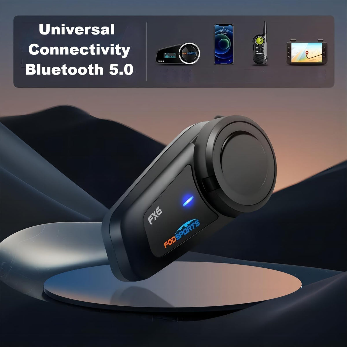 Fodsports FX6 Motorcycle Bluetooth Headset, 6 Riders Group Motorbike Bluetooth Intercom, 1000m Motorcycle Helmet Communication Systems/Voice Dial/Universal Pairing/FM Radio (1 Pack)