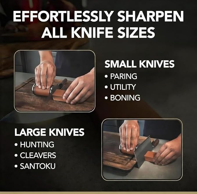 Premium Rolling Knife Sharpener kit, High Carbon 400, 1000, & 3000 Replacement Discs, 15° & 20° Adjustable Angles | Leather Strop, Anticut Gloves | Knife Sharpening kit for Kitchen & Chef's Knives
