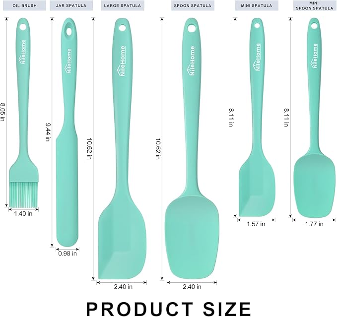 NileHome Silicone Spatula Set, 6 Pcs Food Grade Kitchen Utensils with Silicone Brush Heat Resistant Dishwasher Safe BPA-Free Rubber Spatula for Scraping, Baking, Cooking, Mixing, Turquoise